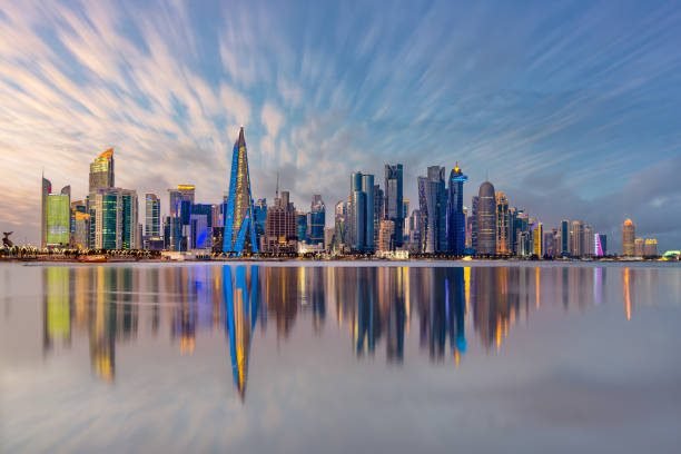 Doha, Qatar - June 08, 2024: The Panoramic skyline of Doha, Qatar during sunset sunrise